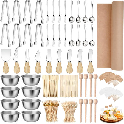 530 Pcs Charcuterie Board Accessories Cheese Butter Spreader Knife Set Butcher Paper Roll Serving Tongs Forks Spoons Dipping Bowls Dippers Cocktail Picks for Party Wedding Christmas (Silver)