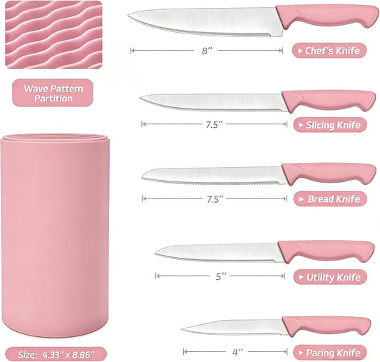 Knife Set, 6-Piece Kitchen Knife Set, German High Carbon Stainless Steel, Durable & Easy Clean Knife Block, Peach Pink