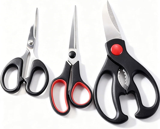 Multifunctional Kitchen Shears - Stainless Steel Blades with Ergonomic Comfort Grip Handle, 3 Piece Set for Meat, Poultry, Vegetables & Herb Scissors (Black/Red)
