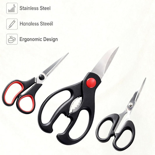 Multifunctional Kitchen Shears - Stainless Steel Blades with Ergonomic Comfort Grip Handle, 3 Piece Set for Meat, Poultry, Vegetables & Herb Scissors (Black/Red)