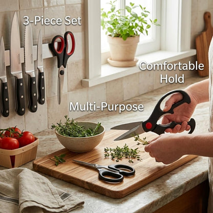 Multifunctional Kitchen Shears - Stainless Steel Blades with Ergonomic Comfort Grip Handle, 3 Piece Set for Meat, Poultry, Vegetables & Herb Scissors (Black/Red)