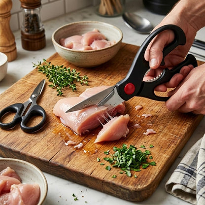 Multifunctional Kitchen Shears - Stainless Steel Blades with Ergonomic Comfort Grip Handle, 3 Piece Set for Meat, Poultry, Vegetables & Herb Scissors (Black/Red)
