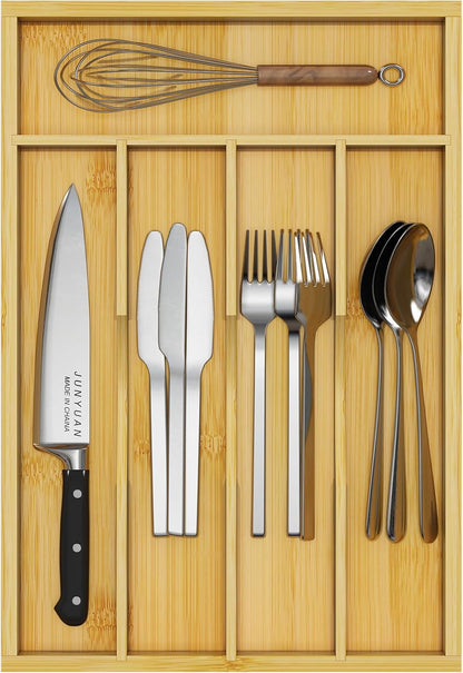 Bamboo Utensil Organizer for Kitchen Drawers, Expandable Utensil Tray and Cutlery Silverware Holder,Wood Drawer Dividers with 7 Adjustable Slots