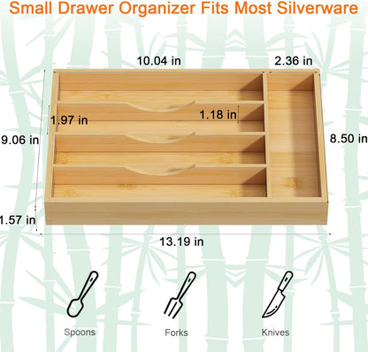 Bamboo Utensil Organizer for Kitchen Drawers, Expandable Utensil Tray and Cutlery Silverware Holder,Wood Drawer Dividers with 7 Adjustable Slots