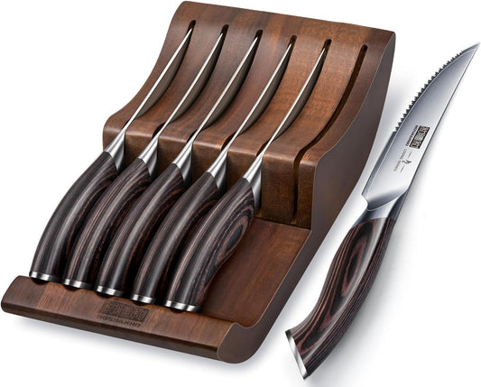 Steak Knives Set of 6 with Block, 4.5 In Serrated Steak Knife Set | Multipurpose Japanese High Carbon Steel Kitchen Steak Knives with Ergonomic Handle, Ideal Gifts