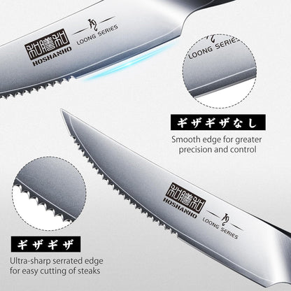 Steak Knives Set of 6 with Block, 4.5 In Serrated Steak Knife Set | Multipurpose Japanese High Carbon Steel Kitchen Steak Knives with Ergonomic Handle, Ideal Gifts