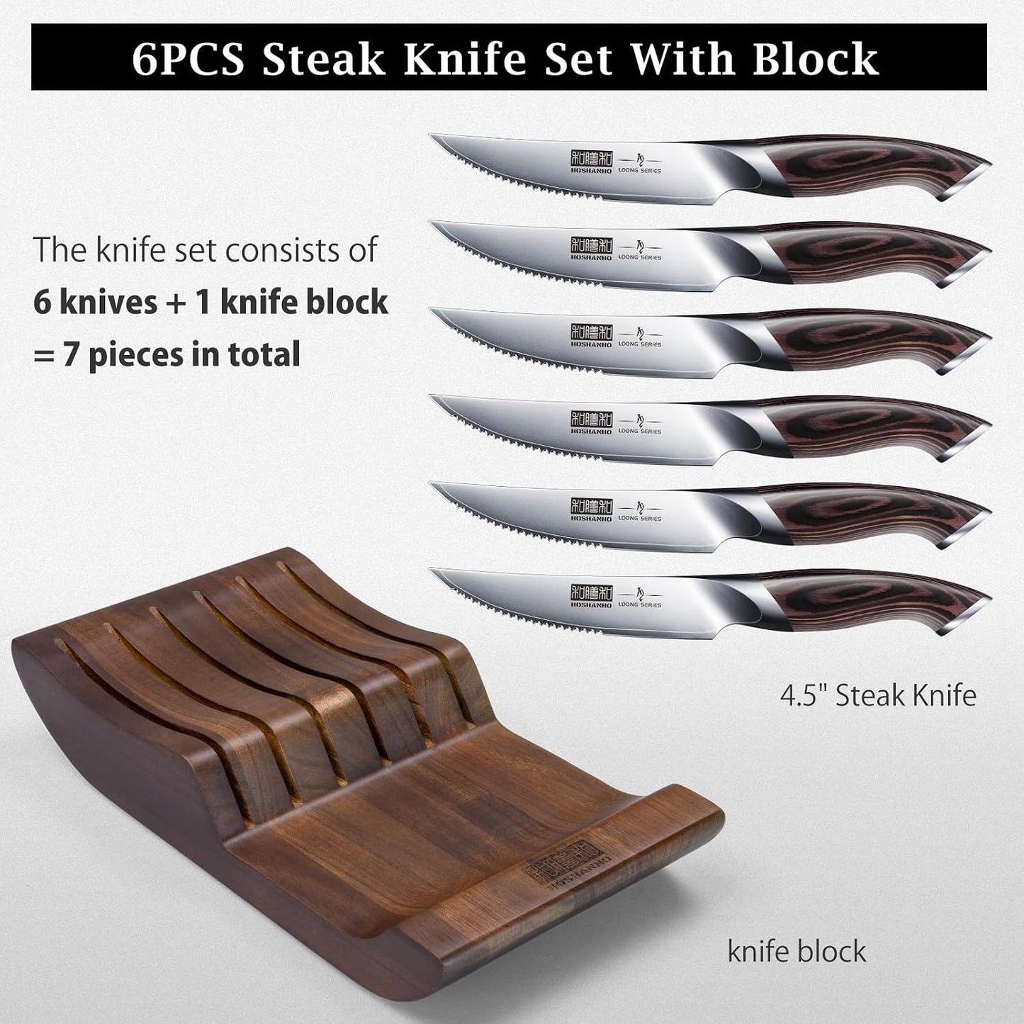 Steak Knives Set of 6 with Block, 4.5 In Serrated Steak Knife Set | Multipurpose Japanese High Carbon Steel Kitchen Steak Knives with Ergonomic Handle, Ideal Gifts