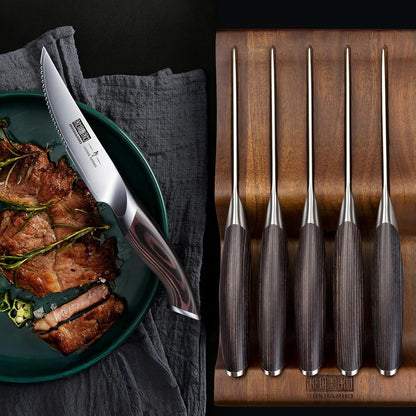 Steak Knives Set of 6 with Block, 4.5 In Serrated Steak Knife Set | Multipurpose Japanese High Carbon Steel Kitchen Steak Knives with Ergonomic Handle, Ideal Gifts
