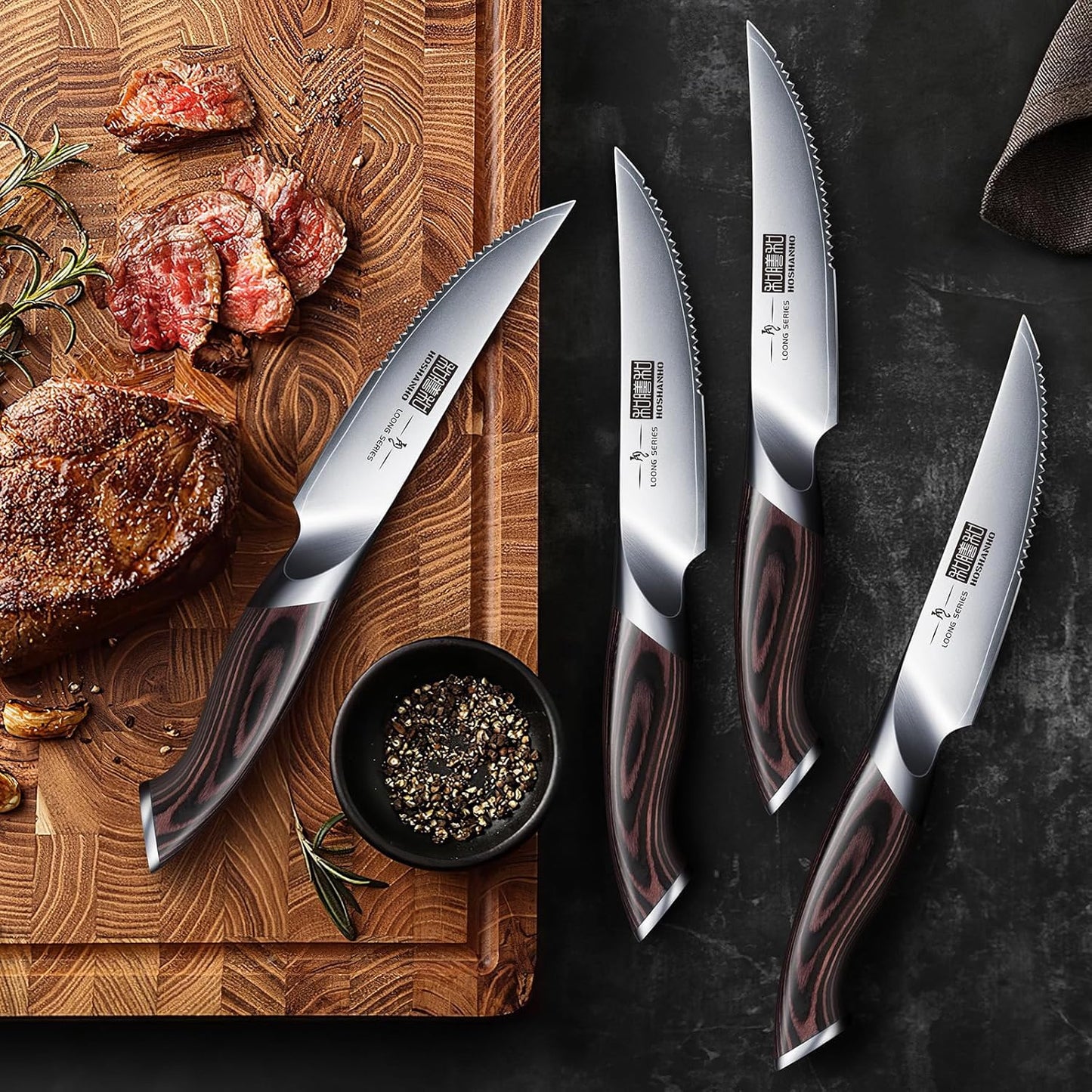 Steak Knives Set of 6 with Block, 4.5 In Serrated Steak Knife Set | Multipurpose Japanese High Carbon Steel Kitchen Steak Knives with Ergonomic Handle, Ideal Gifts