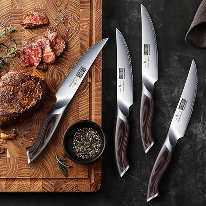 Steak Knives Set of 6 with Block, 4.5 In Serrated Steak Knife Set | Multipurpose Japanese High Carbon Steel Kitchen Steak Knives with Ergonomic Handle, Ideal Gifts