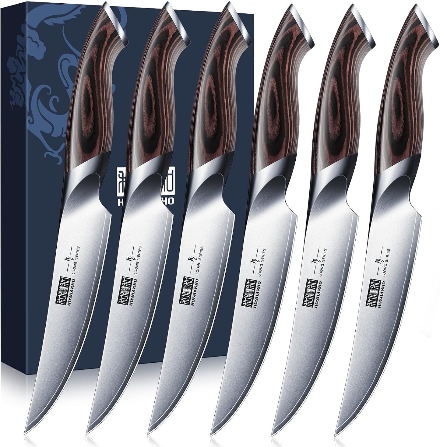 Steak Knives Set of 6 with Block, 4.5 In Serrated Steak Knife Set | Multipurpose Japanese High Carbon Steel Kitchen Steak Knives with Ergonomic Handle, Ideal Gifts