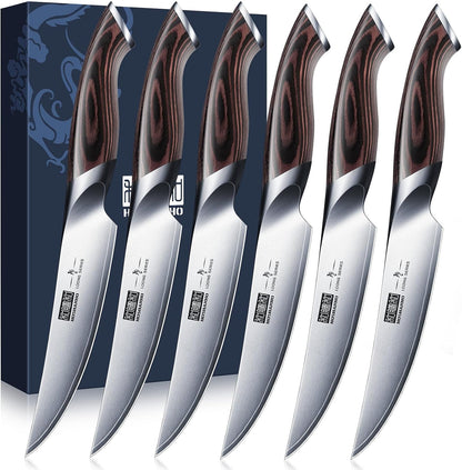 Steak Knives Set of 6 with Block, 4.5 In Serrated Steak Knife Set | Multipurpose Japanese High Carbon Steel Kitchen Steak Knives with Ergonomic Handle, Ideal Gifts
