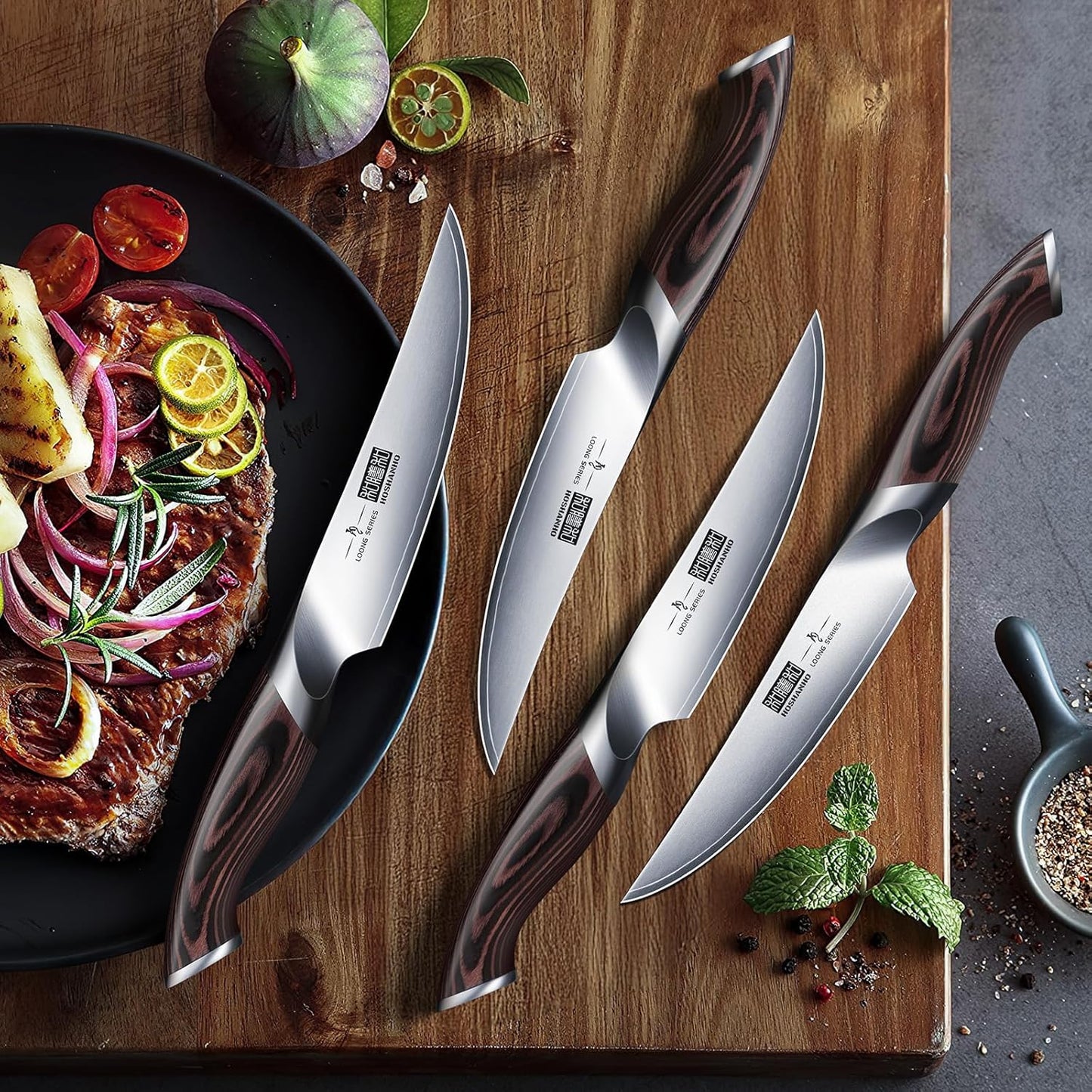 Steak Knives Set of 6 with Block, 4.5 In Serrated Steak Knife Set | Multipurpose Japanese High Carbon Steel Kitchen Steak Knives with Ergonomic Handle, Ideal Gifts