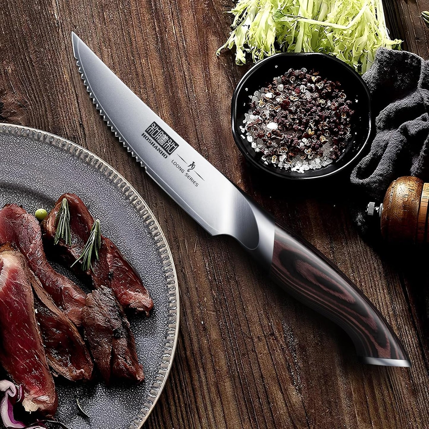 Steak Knives Set of 6 with Block, 4.5 In Serrated Steak Knife Set | Multipurpose Japanese High Carbon Steel Kitchen Steak Knives with Ergonomic Handle, Ideal Gifts