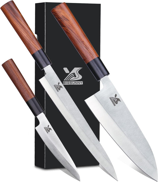 3pcs Sashimi Knives Set - Sushi Knife Set (3 in 1) - Stainless Steel - Brown