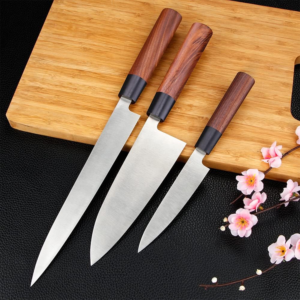 3pcs Sashimi Knives Set - Sushi Knife Set (3 in 1) - Stainless Steel - Brown