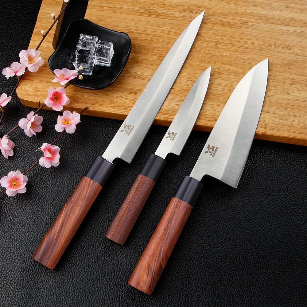 3pcs Sashimi Knives Set - Sushi Knife Set (3 in 1) - Stainless Steel - Brown