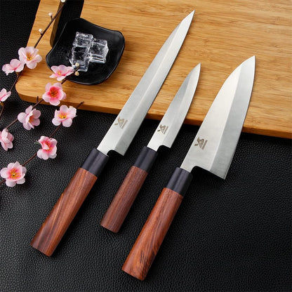 3pcs Sashimi Knives Set - Sushi Knife Set (3 in 1) - Stainless Steel - Brown