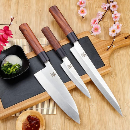 3pcs Sashimi Knives Set - Sushi Knife Set (3 in 1) - Stainless Steel - Brown
