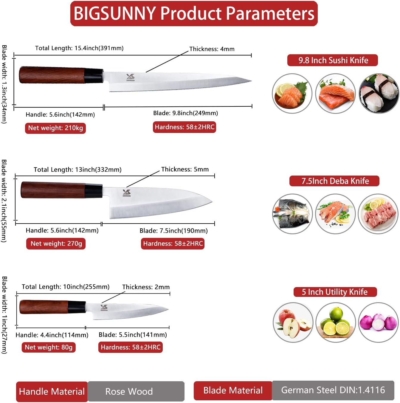 3pcs Sashimi Knives Set - Sushi Knife Set (3 in 1) - Stainless Steel - Brown