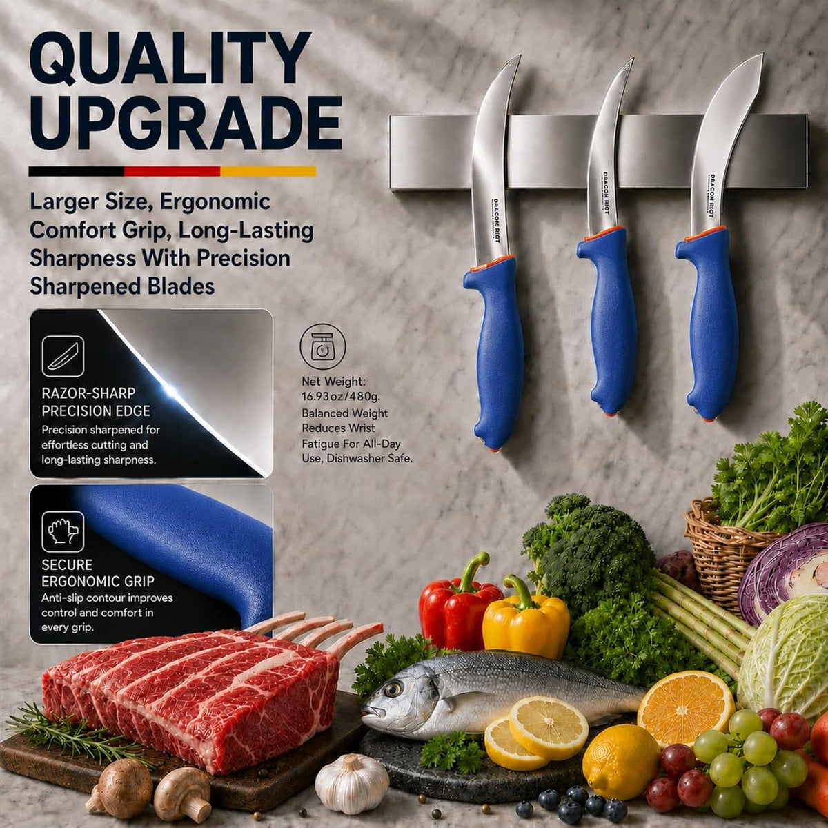3 Pcs Butcher Knife Set, Stainless Steel Boning & Carving Knives, Sharp Kitchen Cutlery for Meat Cutting Trimming, Perfect for Home Kitchen, Outdoor Camping BBQ & Holiday Gift
