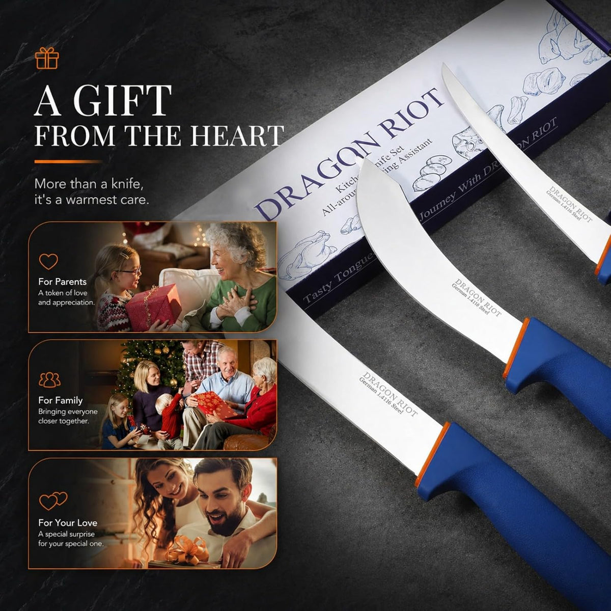 3 Pcs Butcher Knife Set, Stainless Steel Boning & Carving Knives, Sharp Kitchen Cutlery for Meat Cutting Trimming, Perfect for Home Kitchen, Outdoor Camping BBQ & Holiday Gift