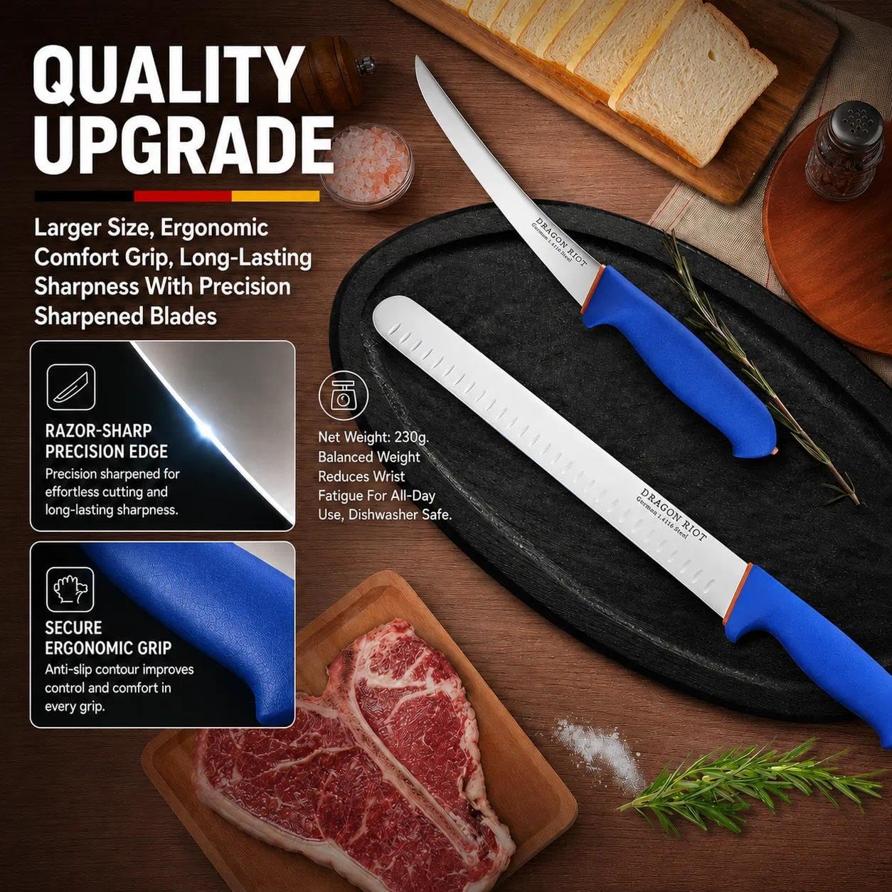 3 Pcs Butcher Knife Set, Stainless Steel Boning & Carving Knives, Sharp Kitchen Cutlery for Meat Cutting Trimming, Perfect for Home Kitchen, Outdoor Camping BBQ & Holiday Gift