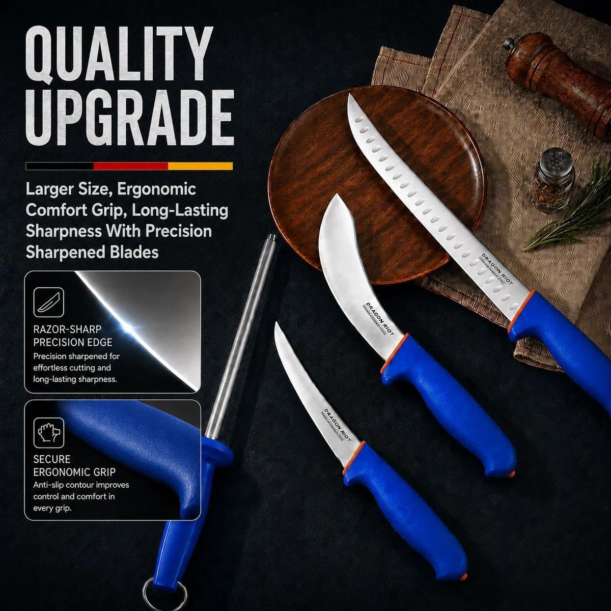 3 Pcs Butcher Knife Set, Stainless Steel Boning & Carving Knives, Sharp Kitchen Cutlery for Meat Cutting Trimming, Perfect for Home Kitchen, Outdoor Camping BBQ & Holiday Gift
