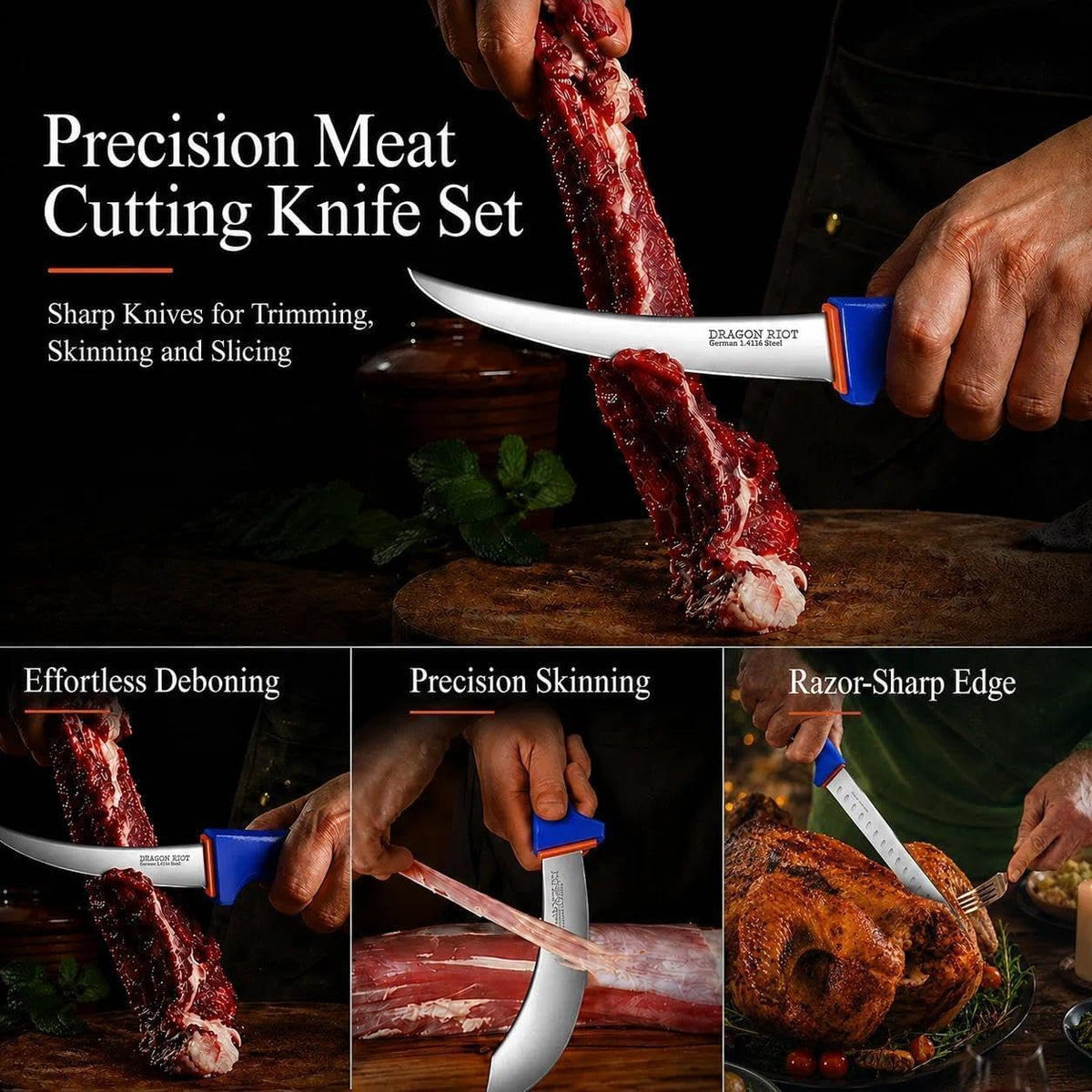 3 Pcs Butcher Knife Set, Stainless Steel Boning & Carving Knives, Sharp Kitchen Cutlery for Meat Cutting Trimming, Perfect for Home Kitchen, Outdoor Camping BBQ & Holiday Gift