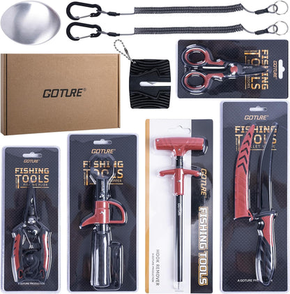 Fishing Tool Kit,Saltwater Gear Set,Red/Pink,Gifts for Men/Women | Fishing Pliers,Fillet Knife with Sheath, Fish Lip Gripper,Fish Hook Remover,Lanyard, Scissors,Sharpener,Stainless Steel Soap