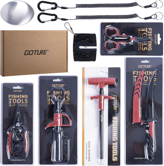 Fishing Tool Kit,Saltwater Gear Set,Red/Pink,Gifts for Men/Women | Fishing Pliers,Fillet Knife with Sheath, Fish Lip Gripper,Fish Hook Remover,Lanyard, Scissors,Sharpener,Stainless Steel Soap