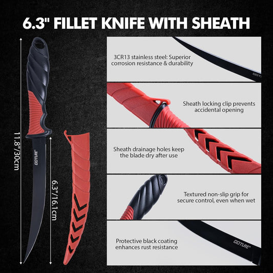 Fishing Tool Kit,Saltwater Gear Set,Red/Pink,Gifts for Men/Women | Fishing Pliers,Fillet Knife with Sheath, Fish Lip Gripper,Fish Hook Remover,Lanyard, Scissors,Sharpener,Stainless Steel Soap