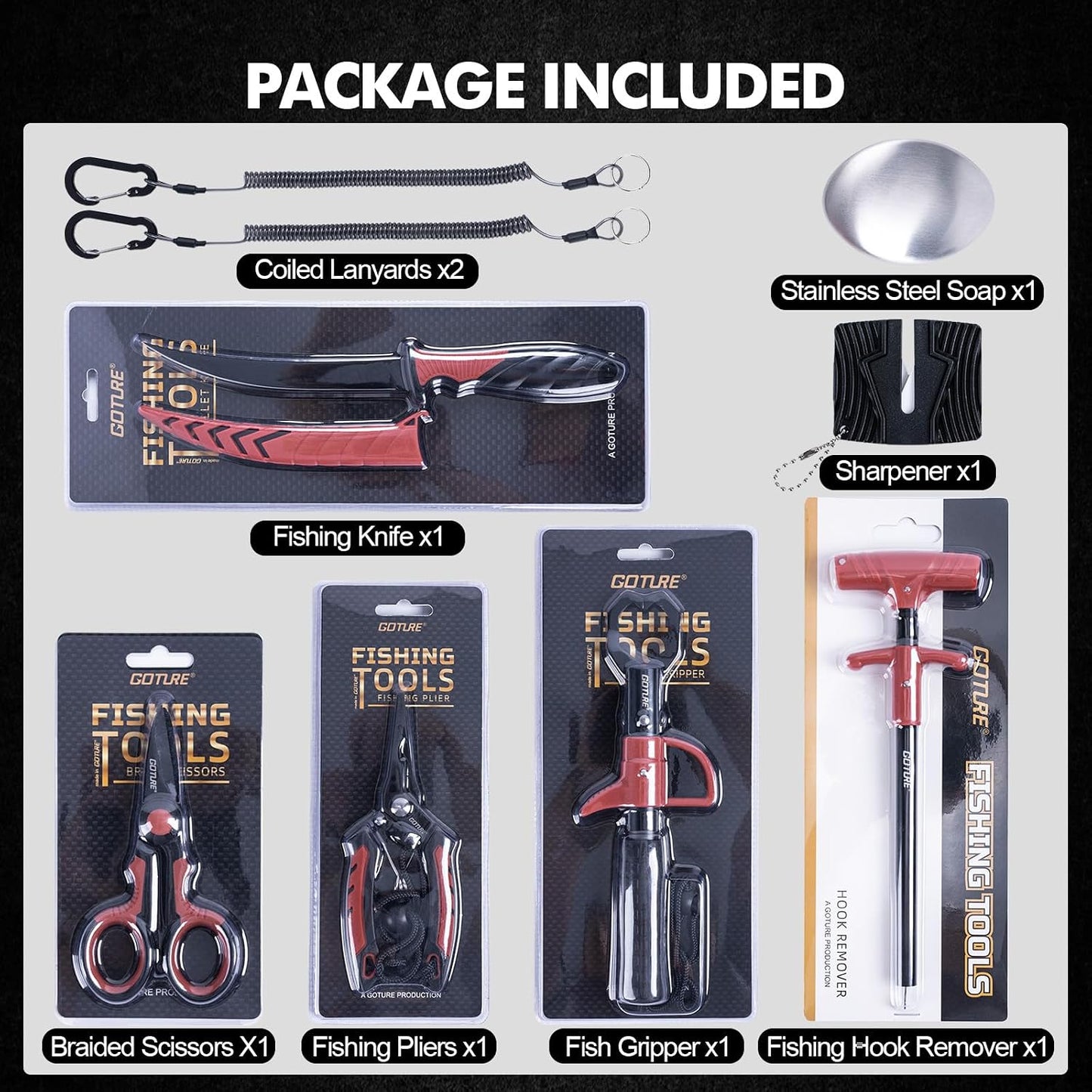 Fishing Tool Kit,Saltwater Gear Set,Red/Pink,Gifts for Men/Women | Fishing Pliers,Fillet Knife with Sheath, Fish Lip Gripper,Fish Hook Remover,Lanyard, Scissors,Sharpener,Stainless Steel Soap