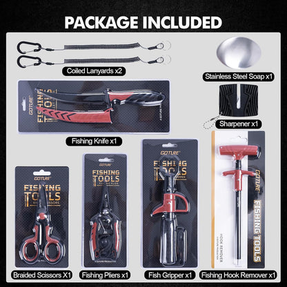 Fishing Tool Kit,Saltwater Gear Set,Red/Pink,Gifts for Men/Women | Fishing Pliers,Fillet Knife with Sheath, Fish Lip Gripper,Fish Hook Remover,Lanyard, Scissors,Sharpener,Stainless Steel Soap
