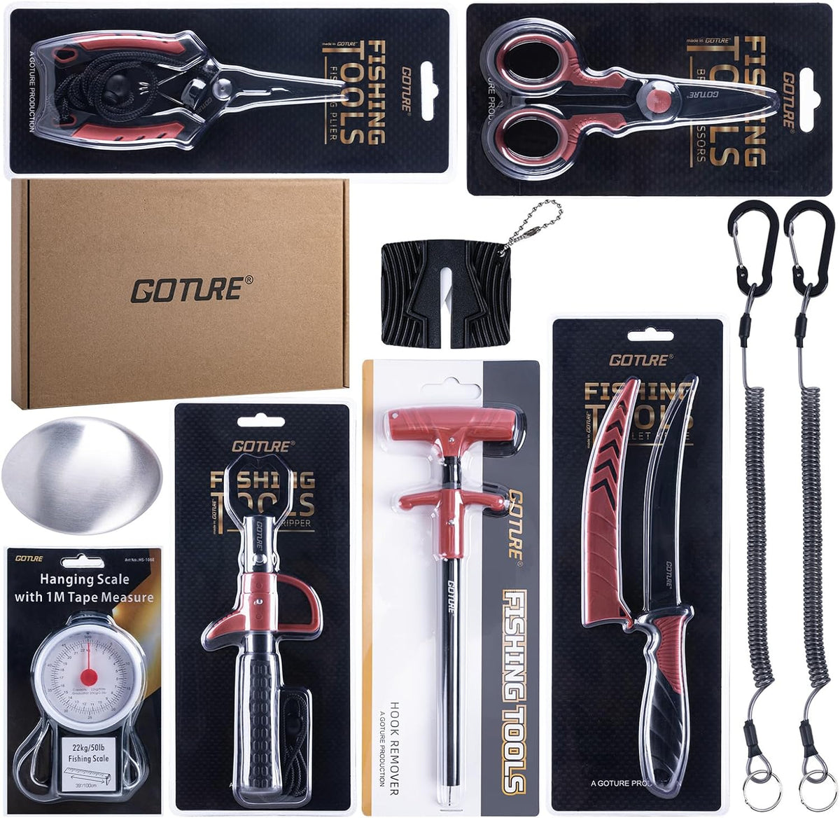 Fishing Tool Kit,Saltwater Gear Set,Red/Pink,Gifts for Men/Women | Fishing Pliers,Fillet Knife with Sheath, Fish Lip Gripper,Fish Hook Remover,Lanyard, Scissors,Sharpener,Stainless Steel Soap