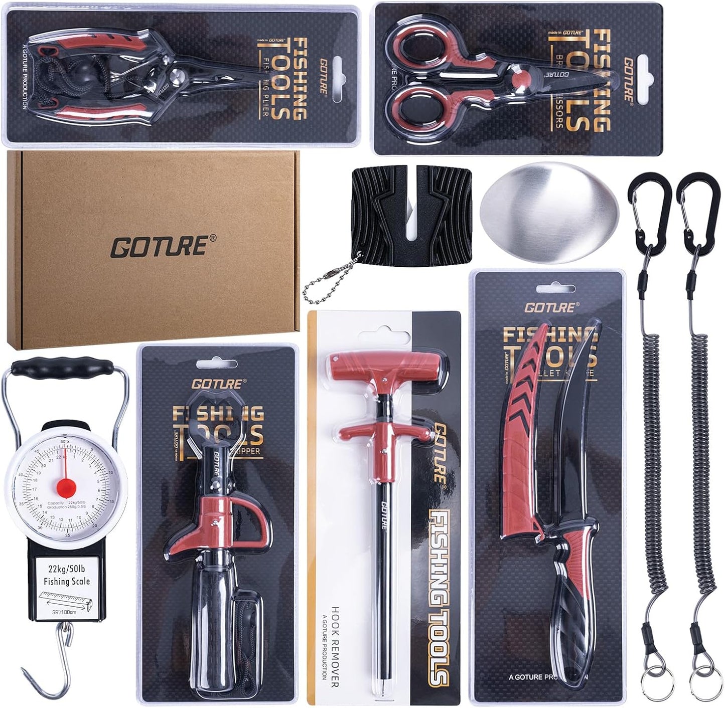 Fishing Tool Kit,Saltwater Gear Set,Red/Pink,Gifts for Men/Women | Fishing Pliers,Fillet Knife with Sheath, Fish Lip Gripper,Fish Hook Remover,Lanyard, Scissors,Sharpener,Stainless Steel Soap