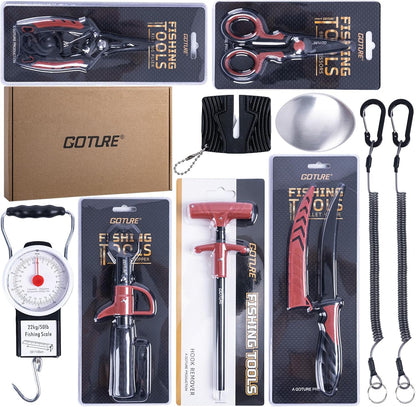 Fishing Tool Kit,Saltwater Gear Set,Red/Pink,Gifts for Men/Women | Fishing Pliers,Fillet Knife with Sheath, Fish Lip Gripper,Fish Hook Remover,Lanyard, Scissors,Sharpener,Stainless Steel Soap
