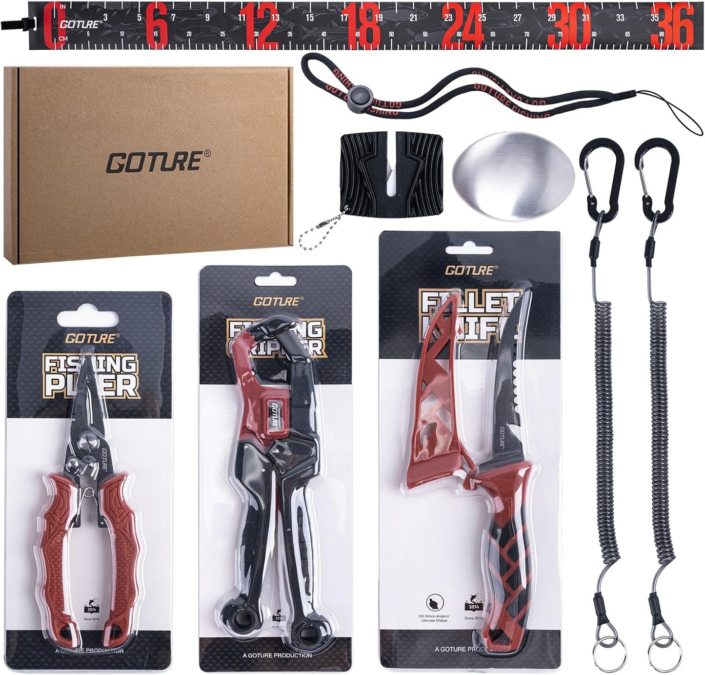 Fishing Tool Kit,Saltwater Gear Set,Red/Pink,Gifts for Men/Women | Fishing Pliers,Fillet Knife with Sheath, Fish Lip Gripper,Fish Hook Remover,Lanyard, Scissors,Sharpener,Stainless Steel Soap
