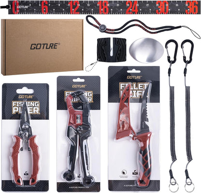 Fishing Tool Kit,Saltwater Gear Set,Red/Pink,Gifts for Men/Women | Fishing Pliers,Fillet Knife with Sheath, Fish Lip Gripper,Fish Hook Remover,Lanyard, Scissors,Sharpener,Stainless Steel Soap