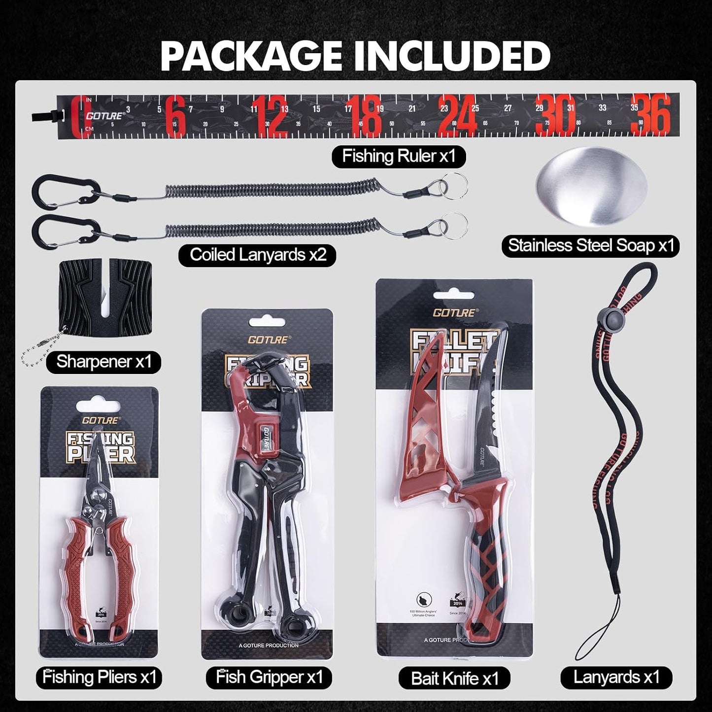 Fishing Tool Kit,Saltwater Gear Set,Red/Pink,Gifts for Men/Women | Fishing Pliers,Fillet Knife with Sheath, Fish Lip Gripper,Fish Hook Remover,Lanyard, Scissors,Sharpener,Stainless Steel Soap