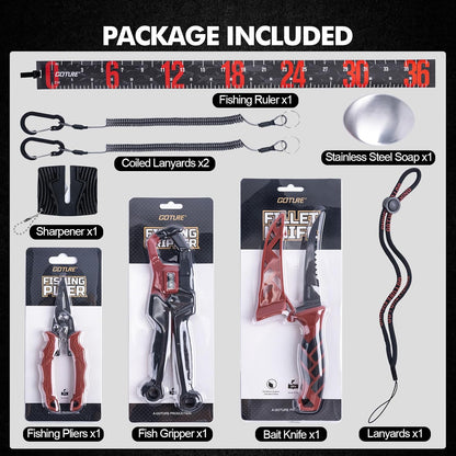 Fishing Tool Kit,Saltwater Gear Set,Red/Pink,Gifts for Men/Women | Fishing Pliers,Fillet Knife with Sheath, Fish Lip Gripper,Fish Hook Remover,Lanyard, Scissors,Sharpener,Stainless Steel Soap