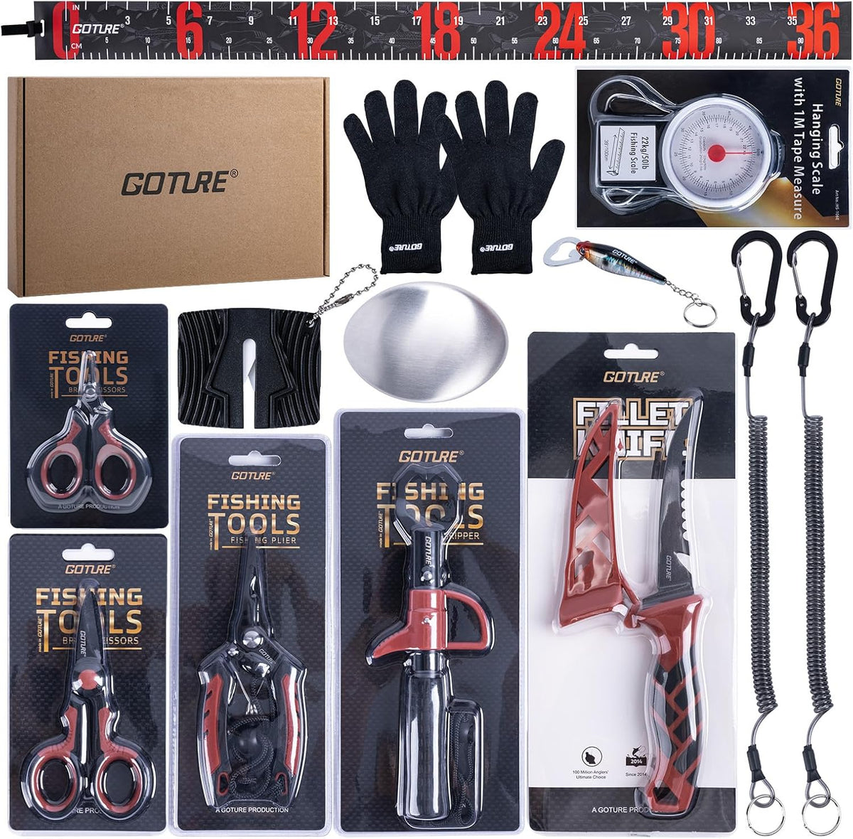 Fishing Tool Kit,Saltwater Gear Set,Red/Pink,Gifts for Men/Women | Fishing Pliers,Fillet Knife with Sheath, Fish Lip Gripper,Fish Hook Remover,Lanyard, Scissors,Sharpener,Stainless Steel Soap