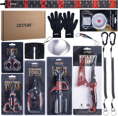 Fishing Tool Kit,Saltwater Gear Set,Red/Pink,Gifts for Men/Women | Fishing Pliers,Fillet Knife with Sheath, Fish Lip Gripper,Fish Hook Remover,Lanyard, Scissors,Sharpener,Stainless Steel Soap