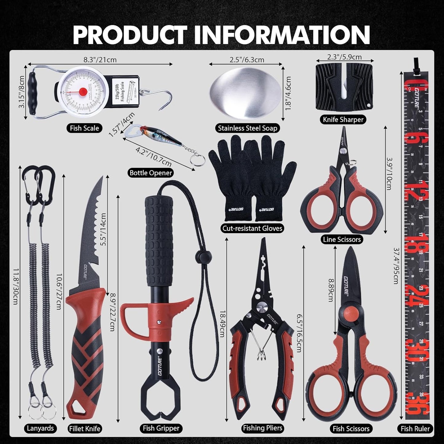 Fishing Tool Kit,Saltwater Gear Set,Red/Pink,Gifts for Men/Women | Fishing Pliers,Fillet Knife with Sheath, Fish Lip Gripper,Fish Hook Remover,Lanyard, Scissors,Sharpener,Stainless Steel Soap