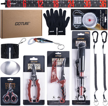 Fishing Tool Kit,Saltwater Gear Set,Red/Pink,Gifts for Men/Women | Fishing Pliers,Fillet Knife with Sheath, Fish Lip Gripper,Fish Hook Remover,Lanyard, Scissors,Sharpener,Stainless Steel Soap