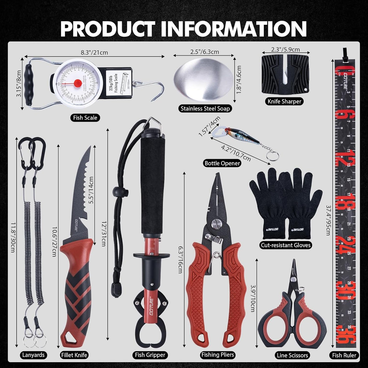 Fishing Tool Kit,Saltwater Gear Set,Red/Pink,Gifts for Men/Women | Fishing Pliers,Fillet Knife with Sheath, Fish Lip Gripper,Fish Hook Remover,Lanyard, Scissors,Sharpener,Stainless Steel Soap