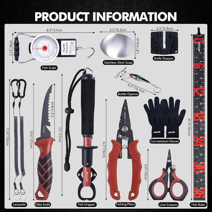 Fishing Tool Kit,Saltwater Gear Set,Red/Pink,Gifts for Men/Women | Fishing Pliers,Fillet Knife with Sheath, Fish Lip Gripper,Fish Hook Remover,Lanyard, Scissors,Sharpener,Stainless Steel Soap