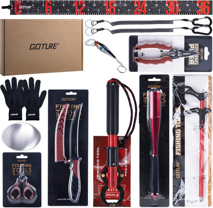 Fishing Tool Kit,Saltwater Gear Set,Red/Pink,Gifts for Men/Women | Fishing Pliers,Fillet Knife with Sheath, Fish Lip Gripper,Fish Hook Remover,Lanyard, Scissors,Sharpener,Stainless Steel Soap