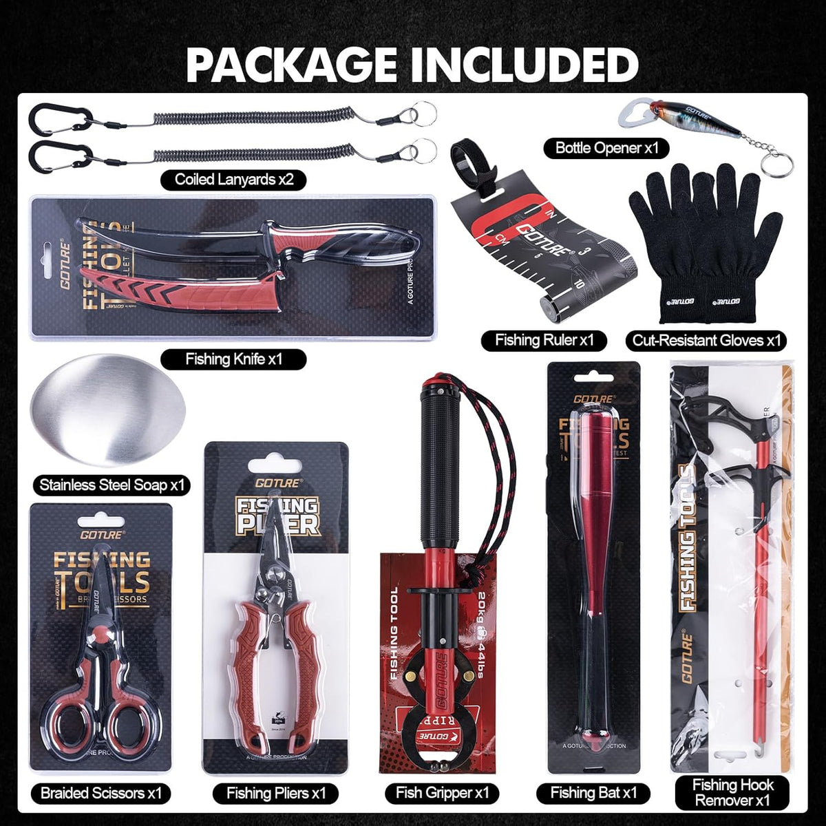 Fishing Tool Kit,Saltwater Gear Set,Red/Pink,Gifts for Men/Women | Fishing Pliers,Fillet Knife with Sheath, Fish Lip Gripper,Fish Hook Remover,Lanyard, Scissors,Sharpener,Stainless Steel Soap