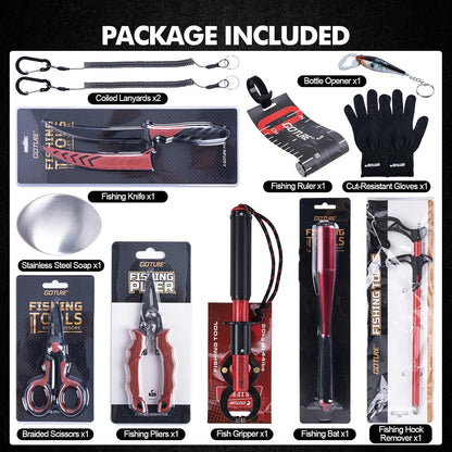 Fishing Tool Kit,Saltwater Gear Set,Red/Pink,Gifts for Men/Women | Fishing Pliers,Fillet Knife with Sheath, Fish Lip Gripper,Fish Hook Remover,Lanyard, Scissors,Sharpener,Stainless Steel Soap